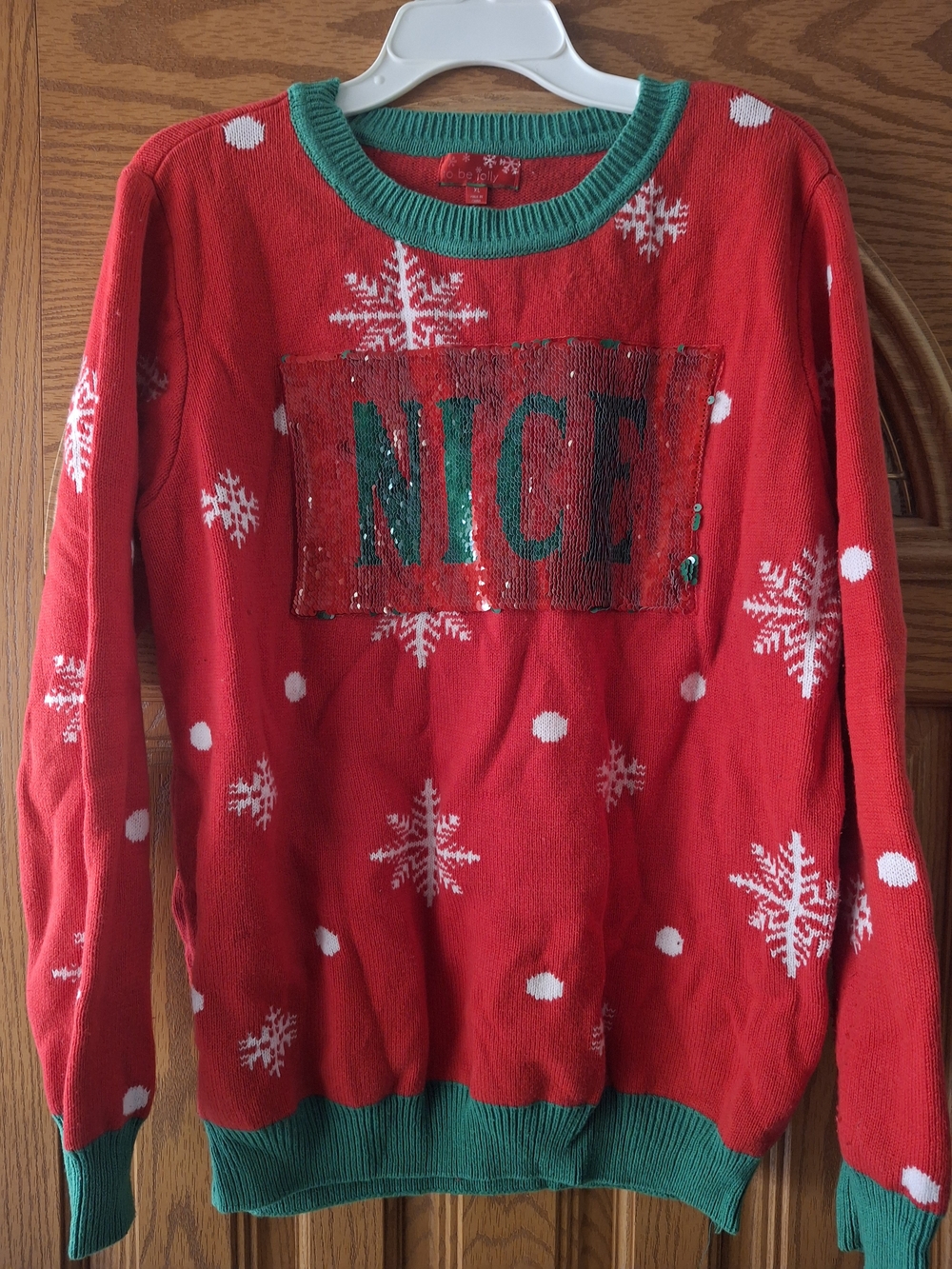 Women's 'Nice' And Naughty Sequin Holiday Crewneck Sweater - Red & Green